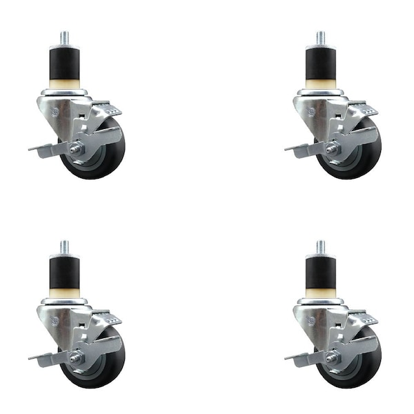 3'' SS Thermoplastic Rubber Swivel 1-7/8'' Expanding Stem Caster Set with Brake, 4PK